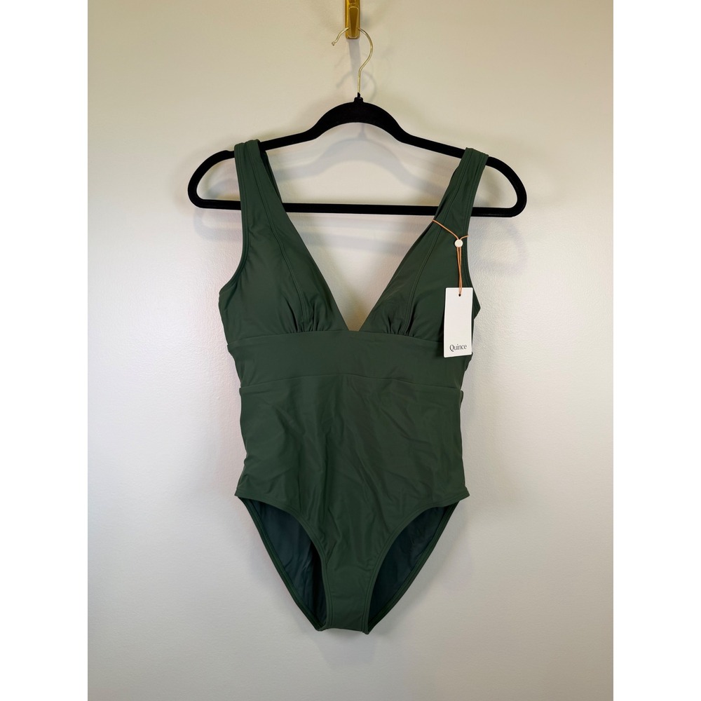 Quince V-Neck One-Piece Swimsuit Forest Green Medium NWT Fall Bathing suit beach